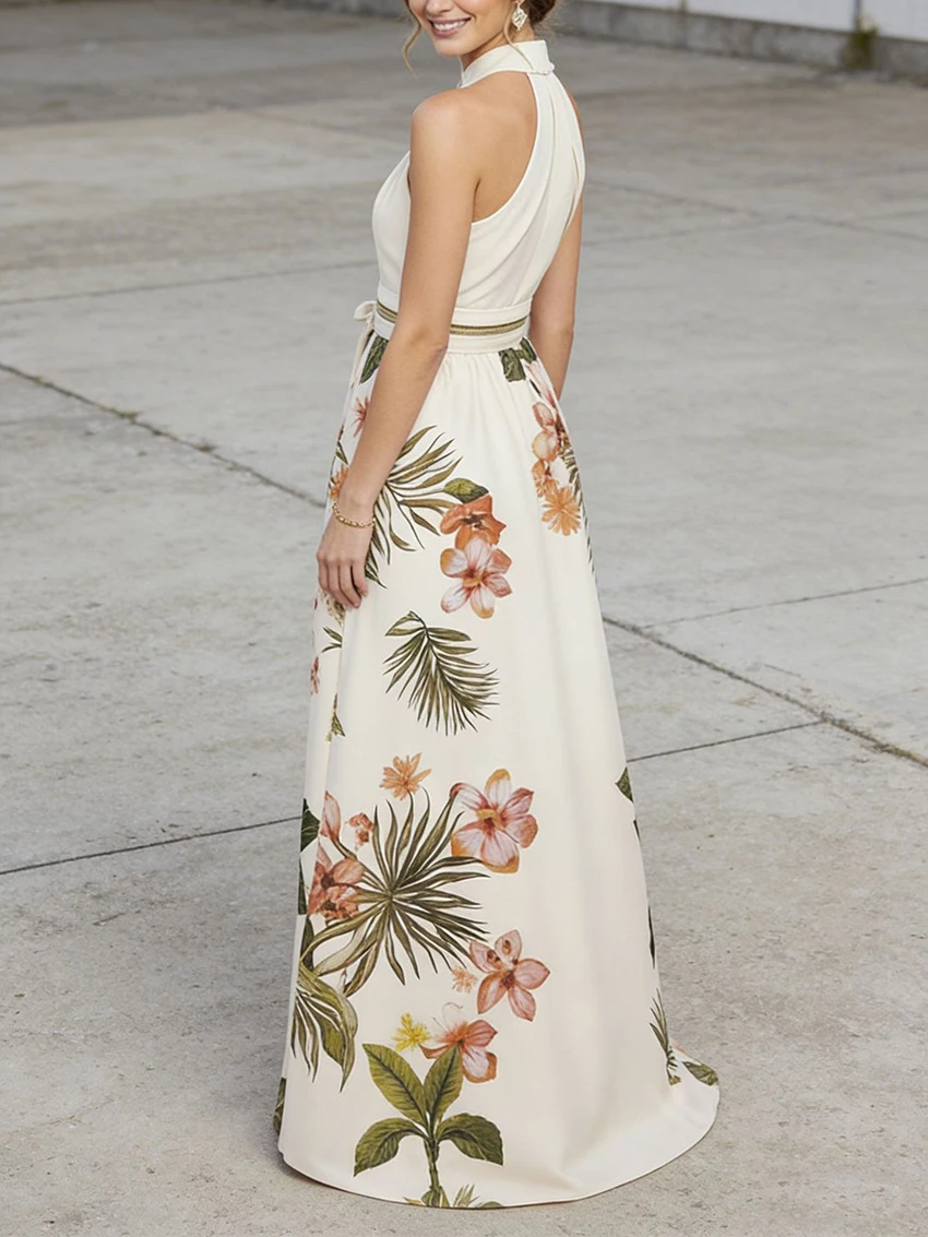Fashion Floral Printed Party Gowns Women Summer Vacation Dress Elegant Off Shoulder Halter Maxi Dress Bohemia Holiday Dresses