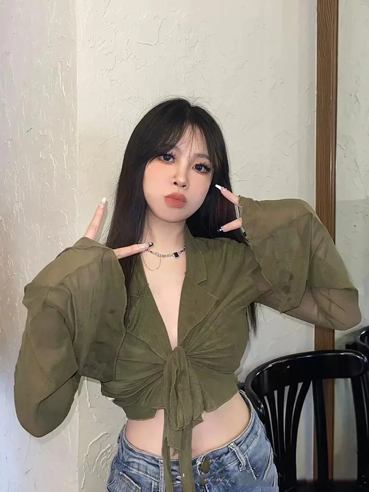 

Women's Long Flare Sleeve Blouse Lace-Up Mesh Sexy Sweet Korean Fashion Solid Design Casual Elegant All-Match Hot Girls Top