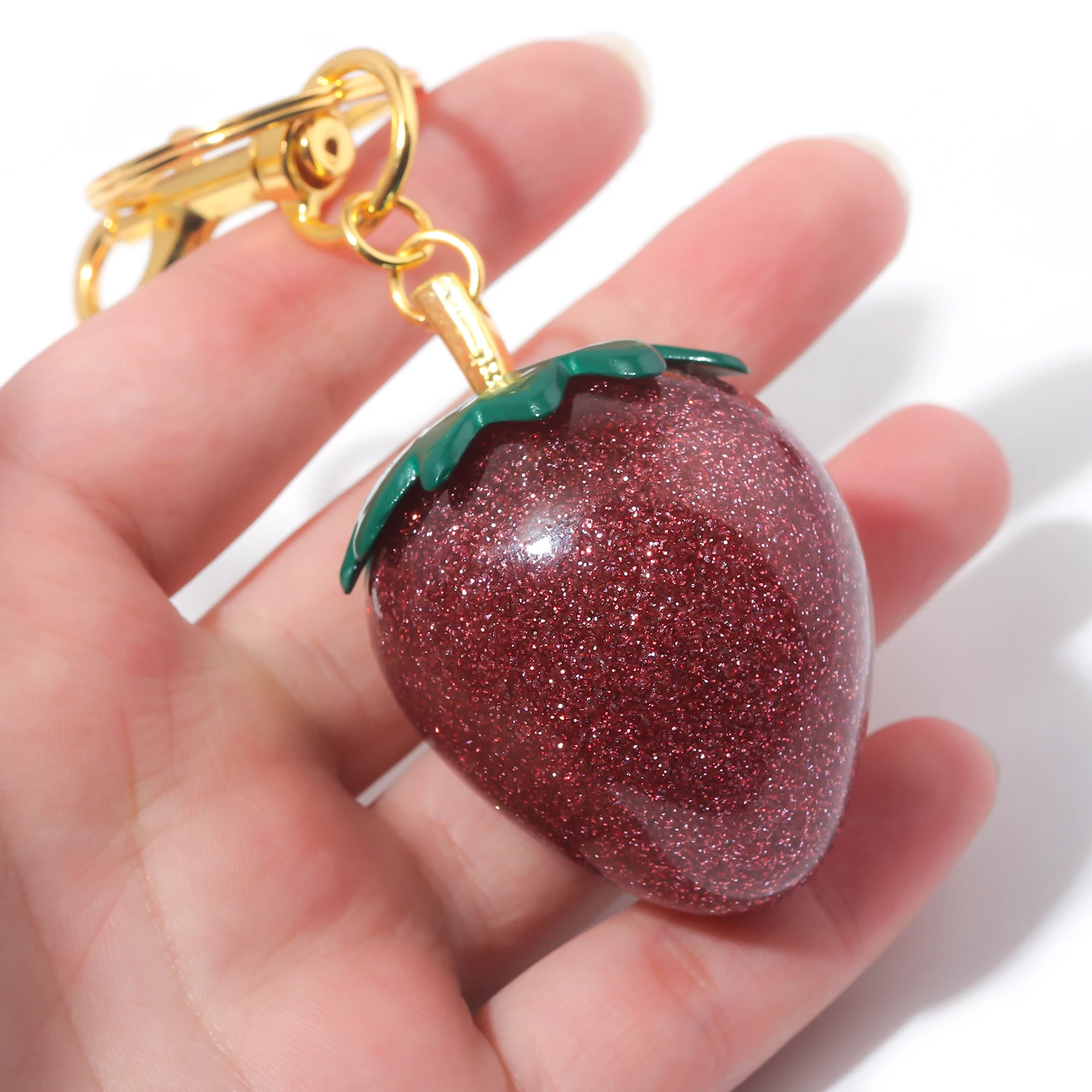 Glitter Strawberry Bag Charm Keychain Exquisite Red Crystal Cherry Apple Key Chain for Women Bag Purse Pendant Accessories Gift view 3