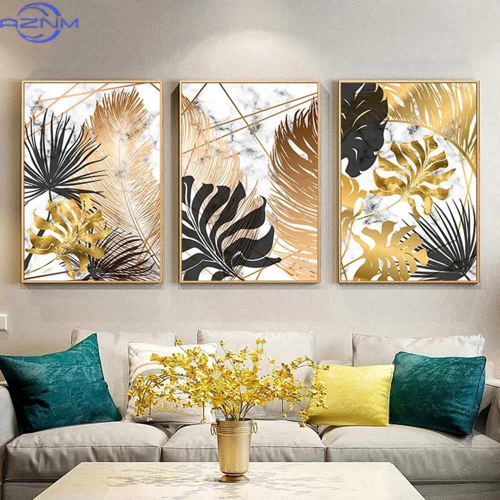 3pcs Frameless Nordic Plants Golden Leaf Canvas Painting, Marble Posters And Prints Abstract Wall Art Pictures For Living Room,