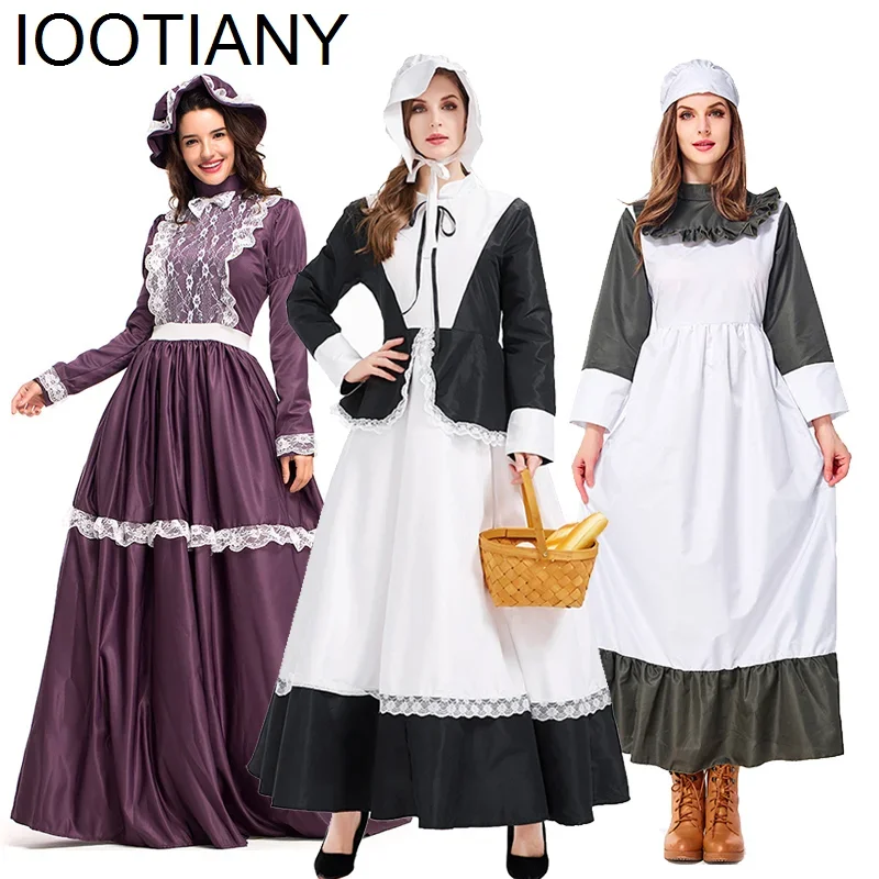 

CosplayNEW Carnival Halloween Lady Little House On The Prairie Costume American Pioneer Pilgrim Playsuit Cosplay Fancy Party Dre