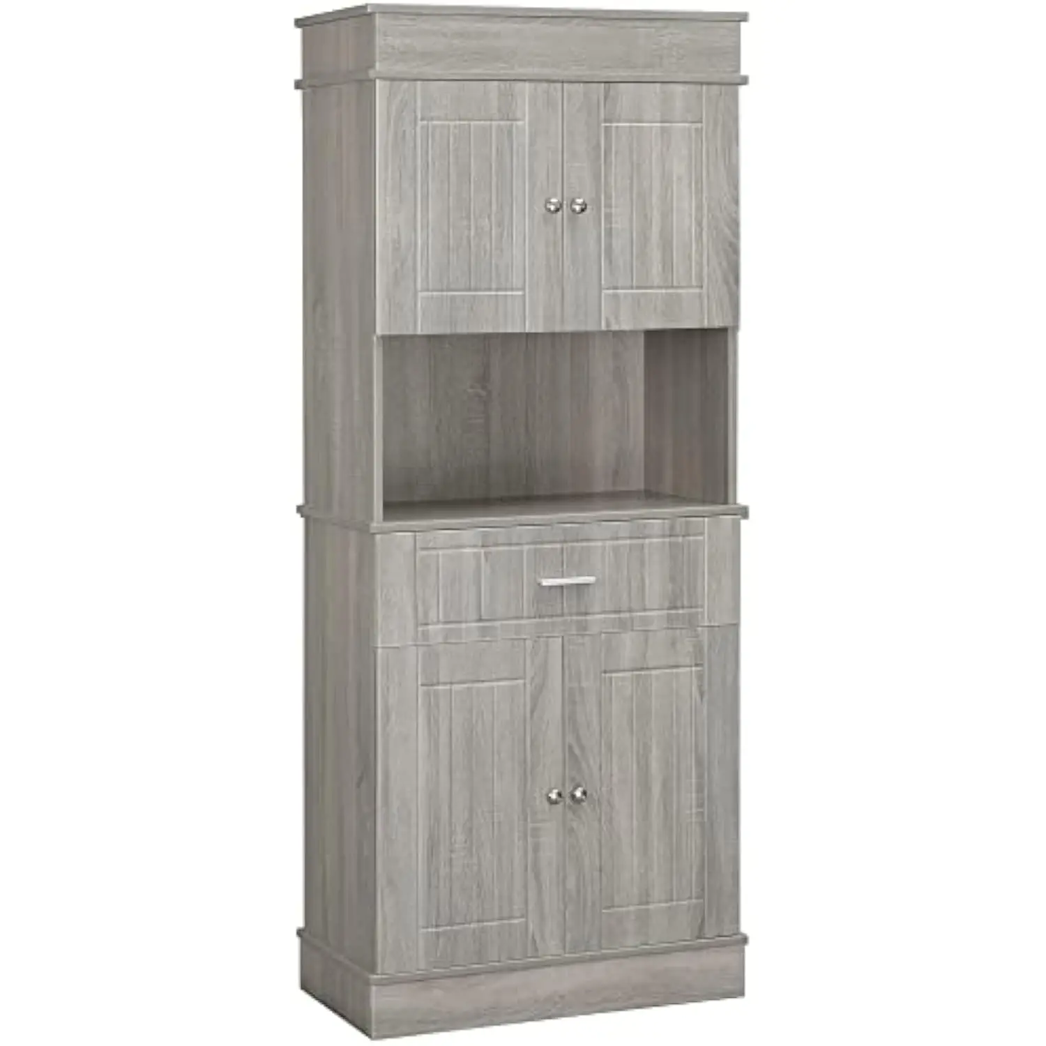 

72" kitchen buffet with hutch, freestanding pantry cabinet with utility drawer, 2 door cabinets, adjustable shelves and counter