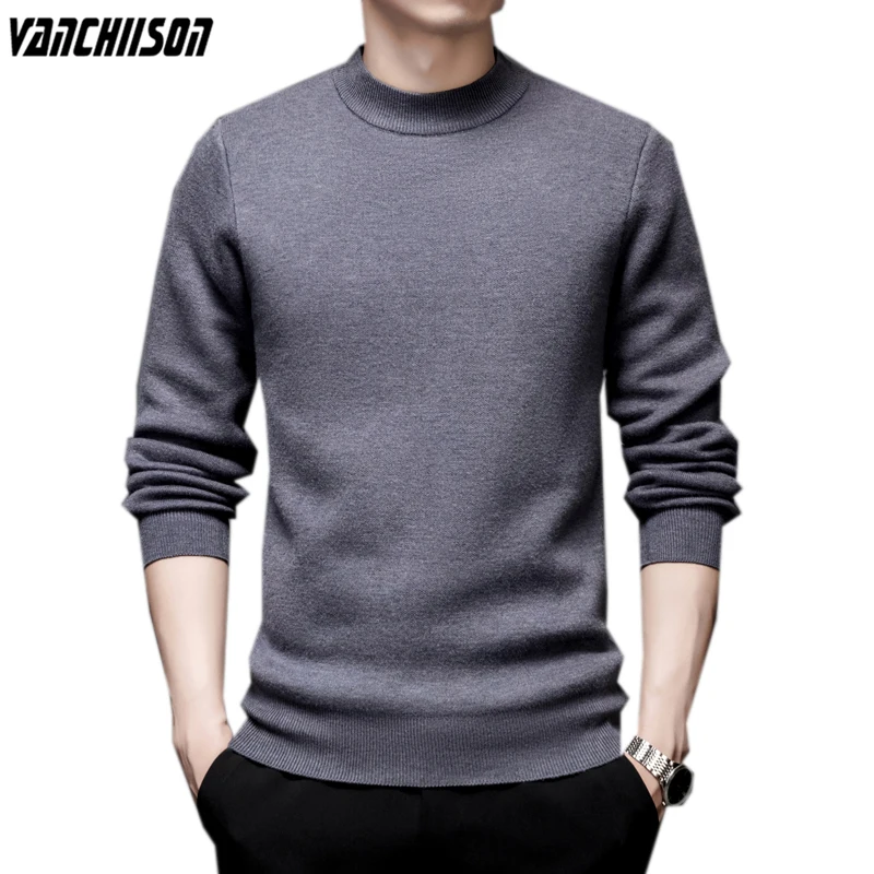 

Men Wool Knit Tops Pullover Basic Fleeced Thick for Autumn Winter Sweater Mock Neck Solid Male Fashion Casual Clothing 01064