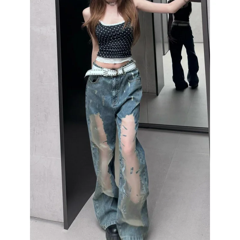 American Spice Girl Retro Washed Ripped Jeans Summer Stylish Hollow Distressed Texture Straight Floor Pants