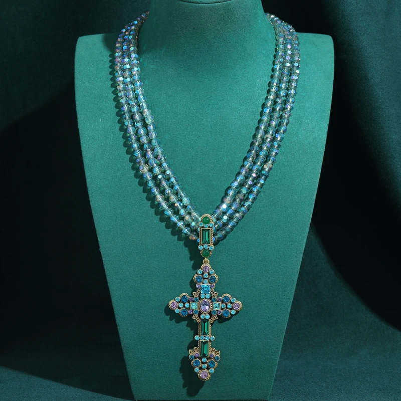 

Bright Vintage Blue And Green Crystal Beads Layered Necklace Cross Pendant Large Colorful Rhinestone Woman High New Luxury Gifts