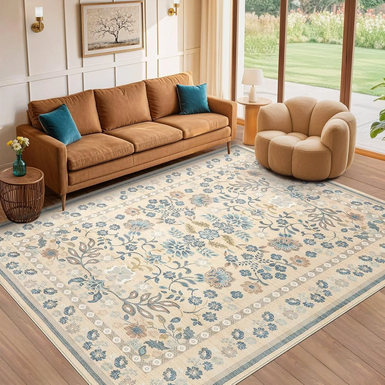 

Living Room Carpet Large Size Bedroom Bedside Floor Mat Machine Washable Carpets Spring Flowers Plant Retro Home Decoration Rug