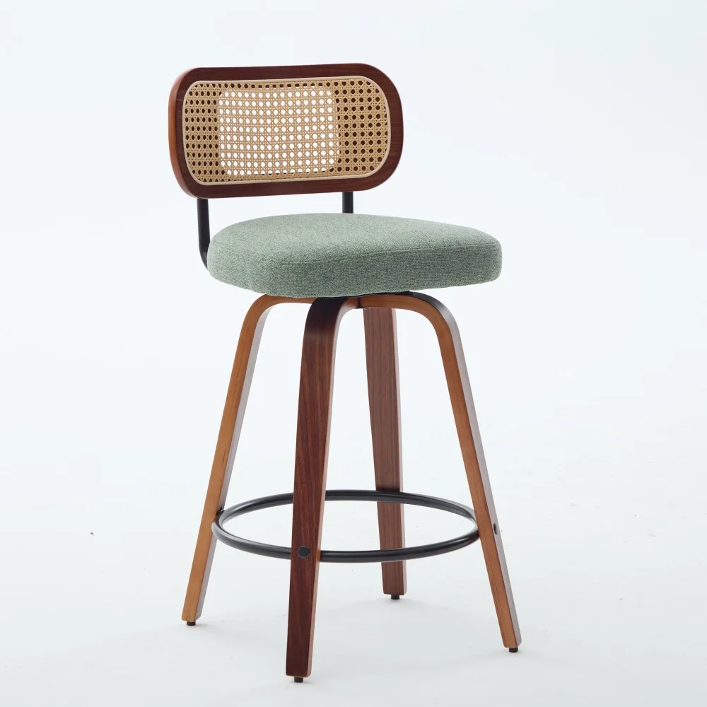 Conjunto de 3 Banquetas de Bar de 26 Polegadas: Nogueira Preta, Encosto de Palha, Assento Verde, Giratórias SW3766OL