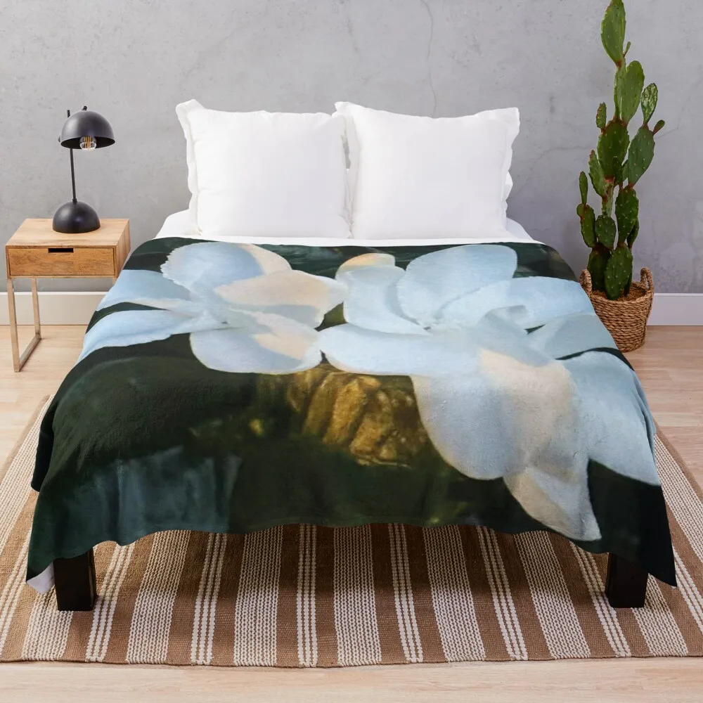 

White Gardenia Flowers with green leaves photography art Throw Blanket Luxury St Decoratives Blankets
