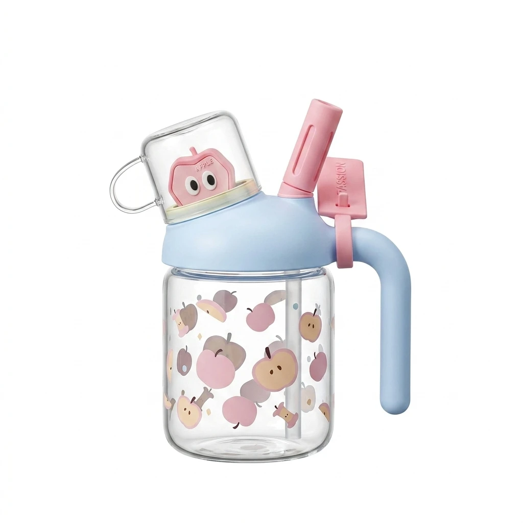 Apple-Shaped Glass Straw Cup With Leak Proof Design And Large Capacity For Students And Office Use