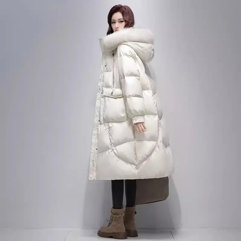 

White duck down Jacket Women's 2024 New Winter Fox fur collar Warm Thicken Fashion down Coat Female Hooded Parker Long Overcoat