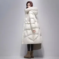 White duck down Jacket Women's 2024 New Winter Fox fur collar Warm Thicken Fashion down Coat Female Hooded Parker Long Overcoat