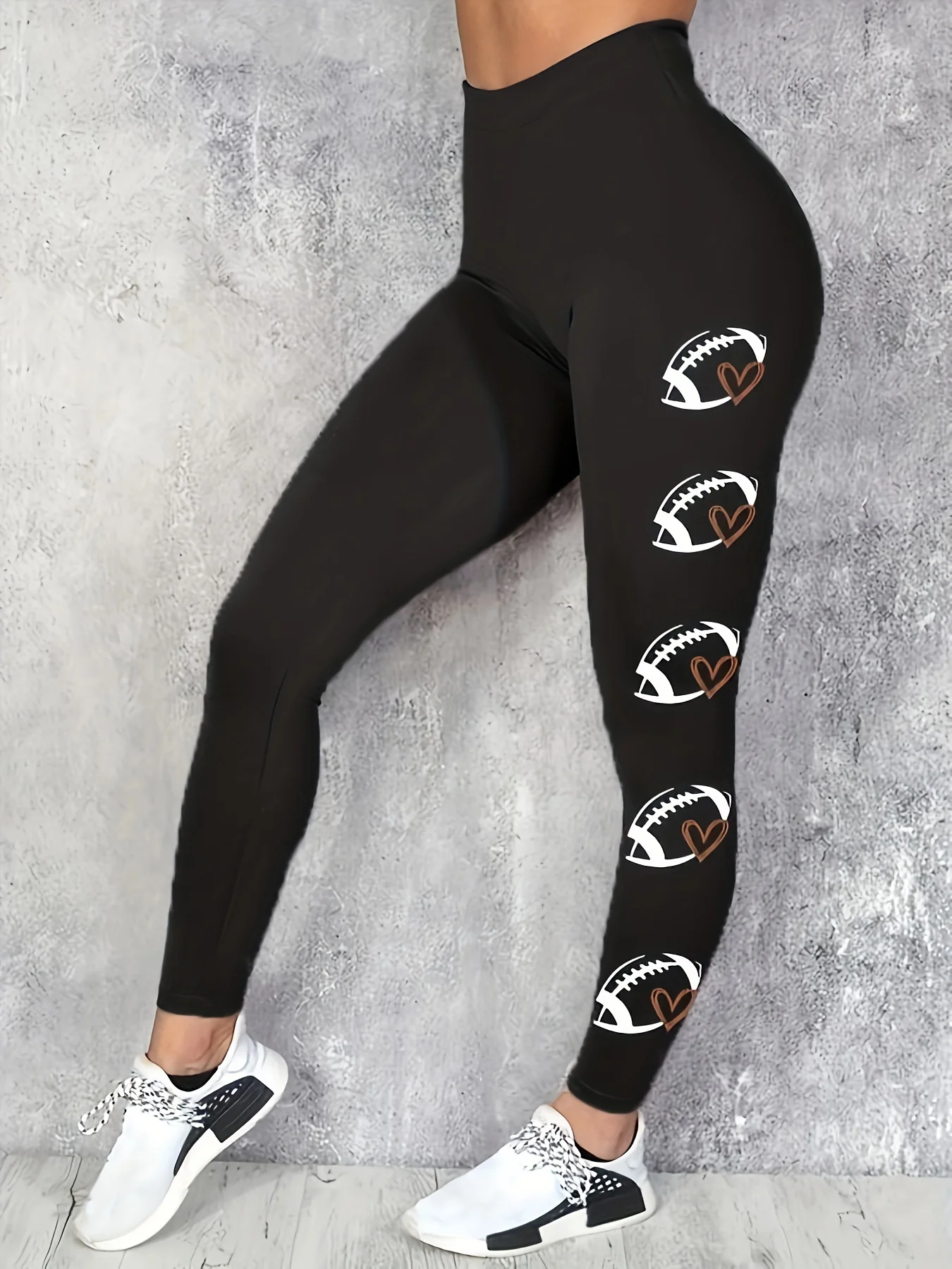 Women Fleece‑Lined Leggings Football Heart Sport Print Mid‑Waist Winter Warm Bottoms