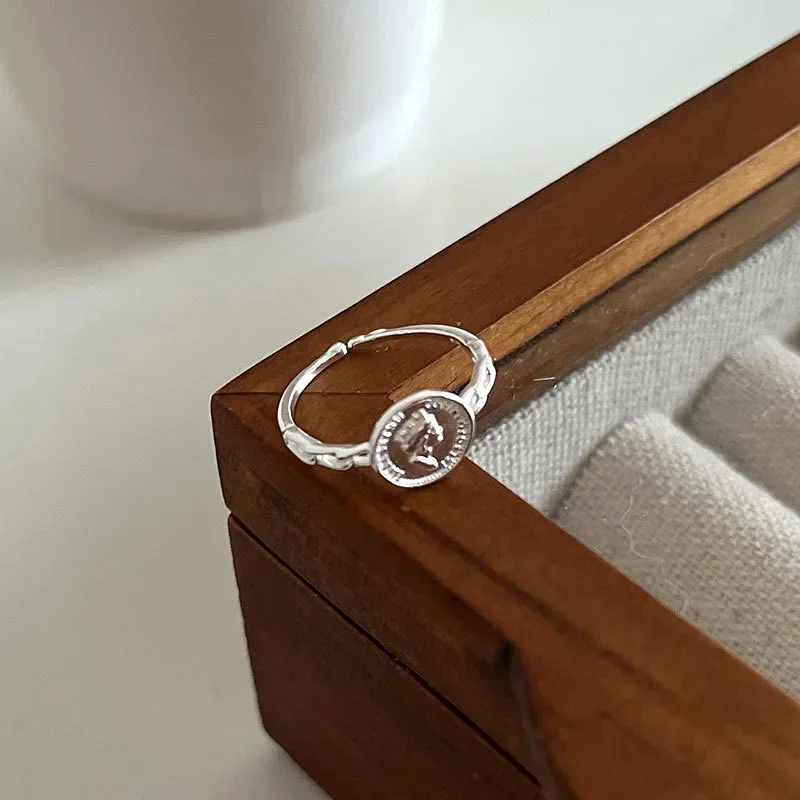 

925 Sterling Silver Round Card Portrait Exquisite Chain Adjustable Opening Ring for Women Fine Jewelry Minimalist Accessories