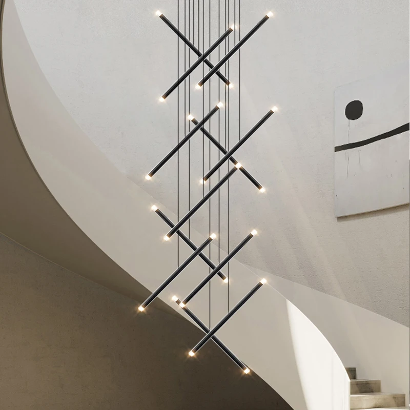 Suspension LED cylindrique pour escalier, lampe de salon design, lustre de grenier moderne, longue suspension pour hall d'hôtel