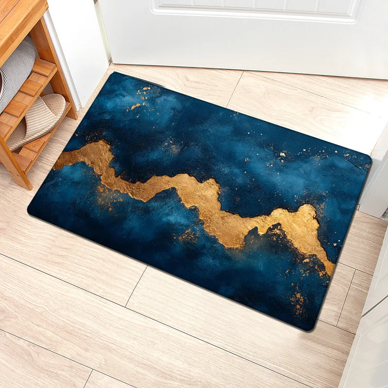 Flannel Thickness  Thick - 1pc Vintage Dark Blue and Golden Crack Pattern Door Mat, Abstract Art Style Printed Absorbent