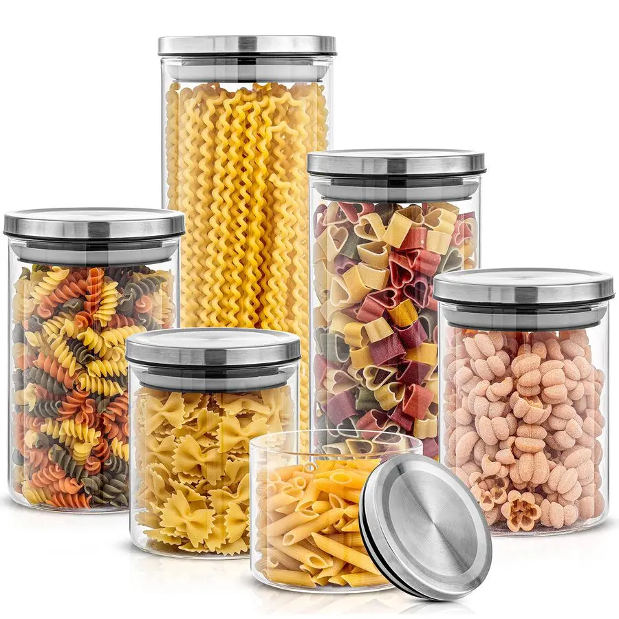 

Kitchen Canister Set. 6 Glass Jars with Lids Stainless Steel Lids. Airtight Food Storage Containers for Pantry or Counter. Versa