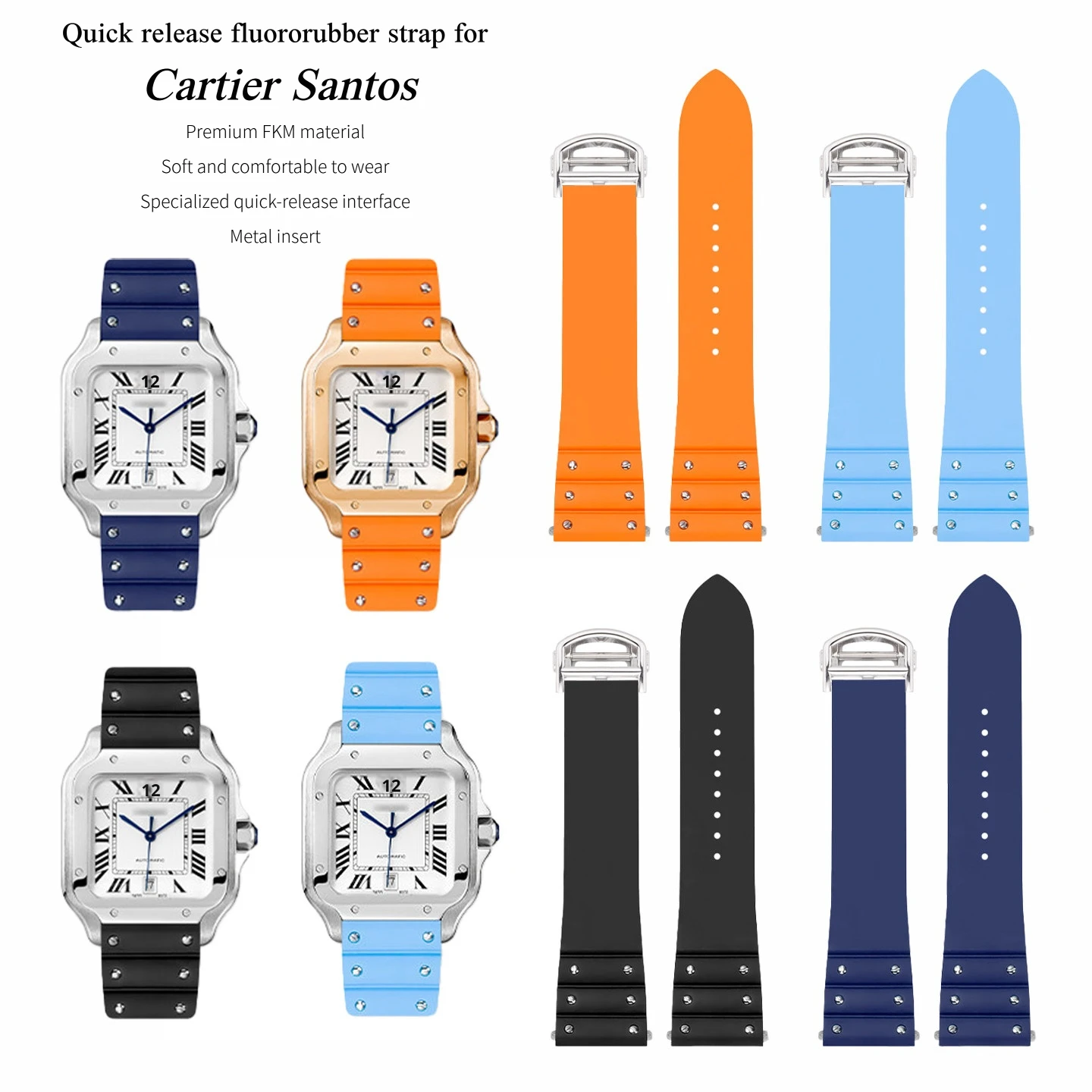 For Cartier Santos Large 19/21mm FKM watchband Women Men's quick release fluororubber strap metal insert stainless steel clasp