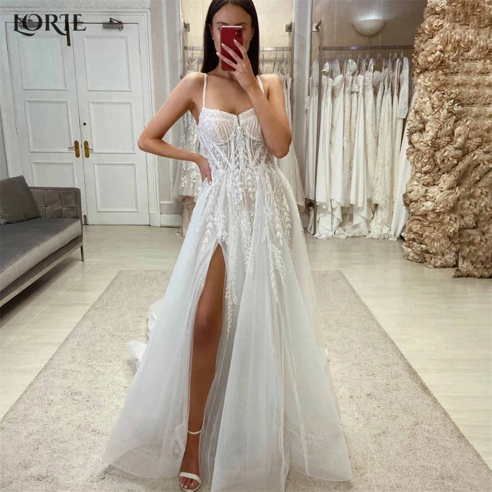 

LORIE Bohemia Lace Wedding Dresses Spaghetti Straps A-Line Side Slit Appliques Bridal Gowns Backless Bride Dress robe de mariée