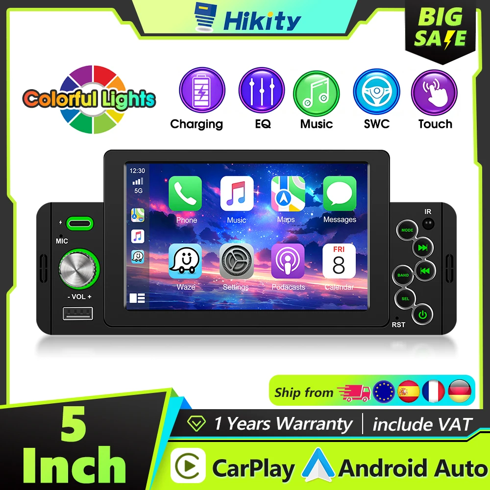 Hikity 1DIN راديو السيارة العالمي السلكية Carplay أندرويد السيارات مرآة ربط بلوتوث راديو FM استقبال سيارة مشغل MP5 USB EQ الصوت #1