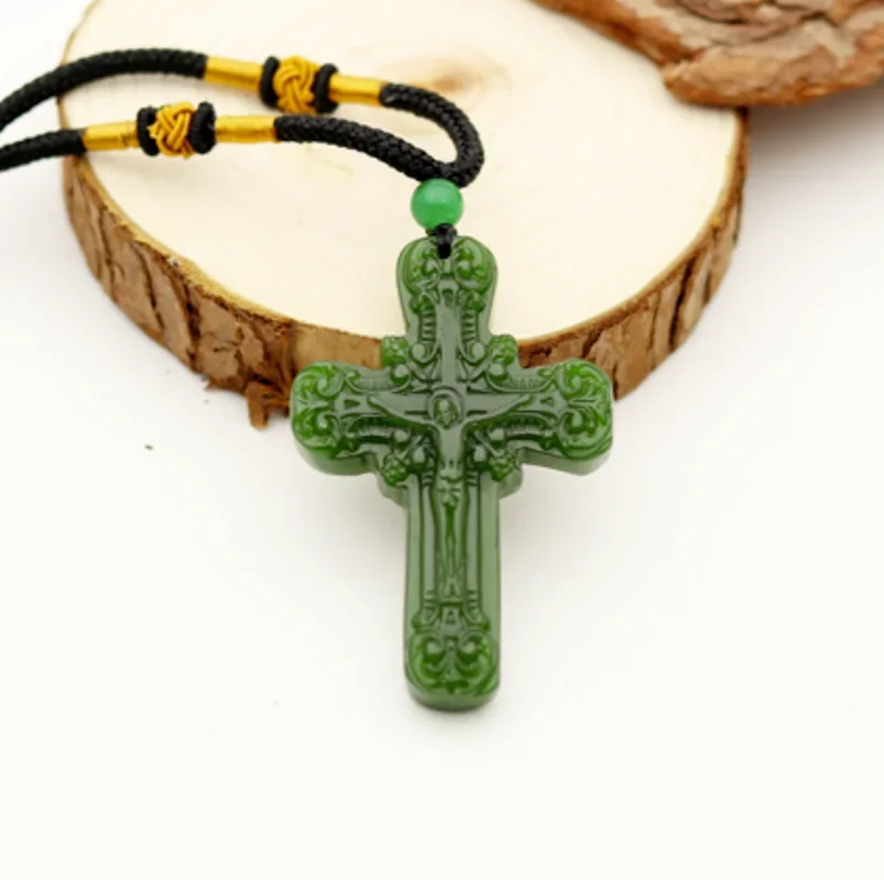 

Green Jade Cross Jesus Carved Pendant Natural Chinese Green Necklace Charm Jadeite Jewellery Fashion Lucky Amulet Gift for Women