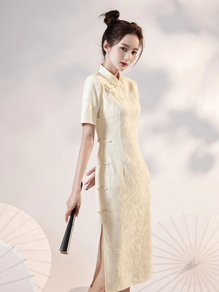 

Короткое платье Ele Lace Dr Vintage с высоким разрезом для молодых женщин, повседневная одежда, короткий рукав, цветное