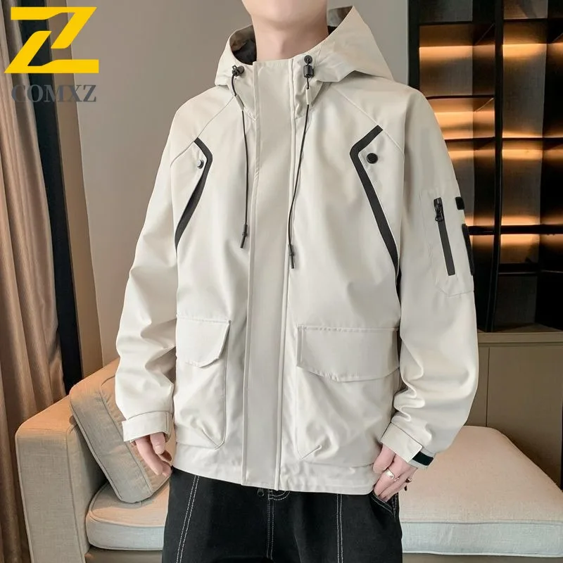 

COMXZ 2025 Мужская ветровка, весенне-осенняя модная свободная посадка, ветрозащитная рабочая одежда с капюшоном, пальто, повседневная легкая верхняя одежда