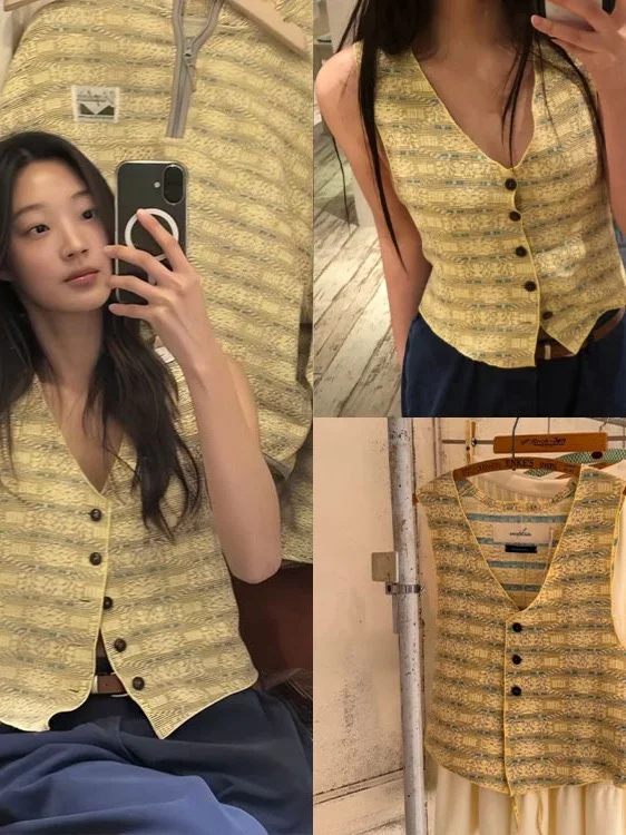

Korean Style Mixed Color Sleeveless Vest Women's Summer New V-neck Slimming Top Outerwear Cardigan Pure Chemical Fiber Wool C...