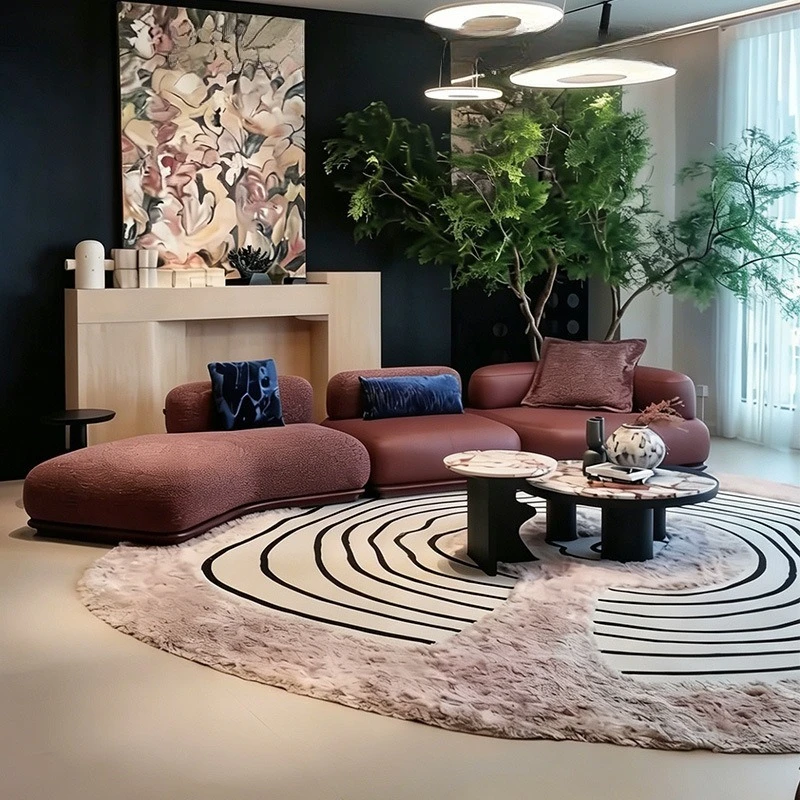 light luxury solid wood genuine leather sofa, living room modern flat villa with uniquely curved leather fabric combination