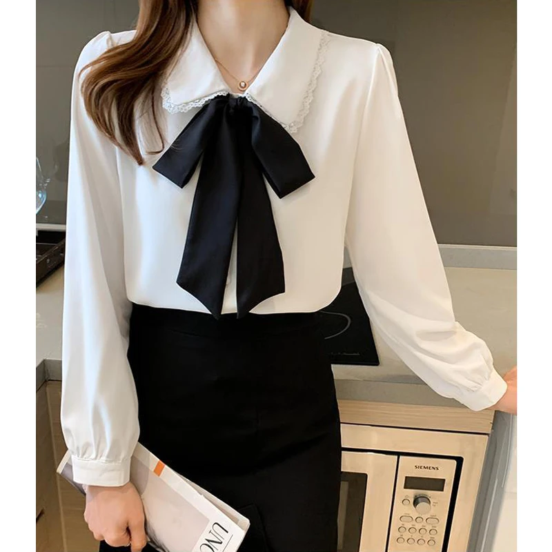 Women Lace Patchwork Bow Vintage Elegant Button Up Shirt Korean Fashion Sweet Chic Casual Blouse Solid Long Sleeve Chiffon Tops