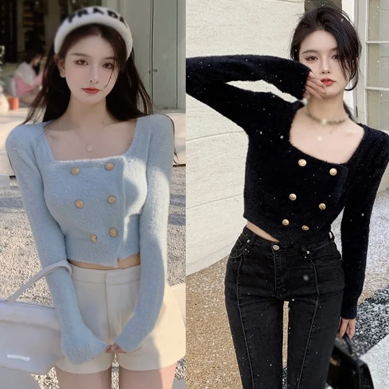 Short Style Double Breasted Mink Elegant Sweater Long Sleeve Korean Sweater Square Neck Sweet and Fashion Cardigan Tops