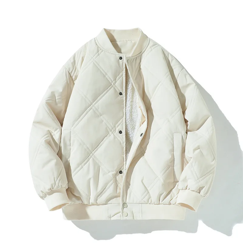 Men's Cotton Jacket Winter Casual Warm Stand Collar Diamond Patterned Outerwear Home Style Zipper Closure Side Pocket