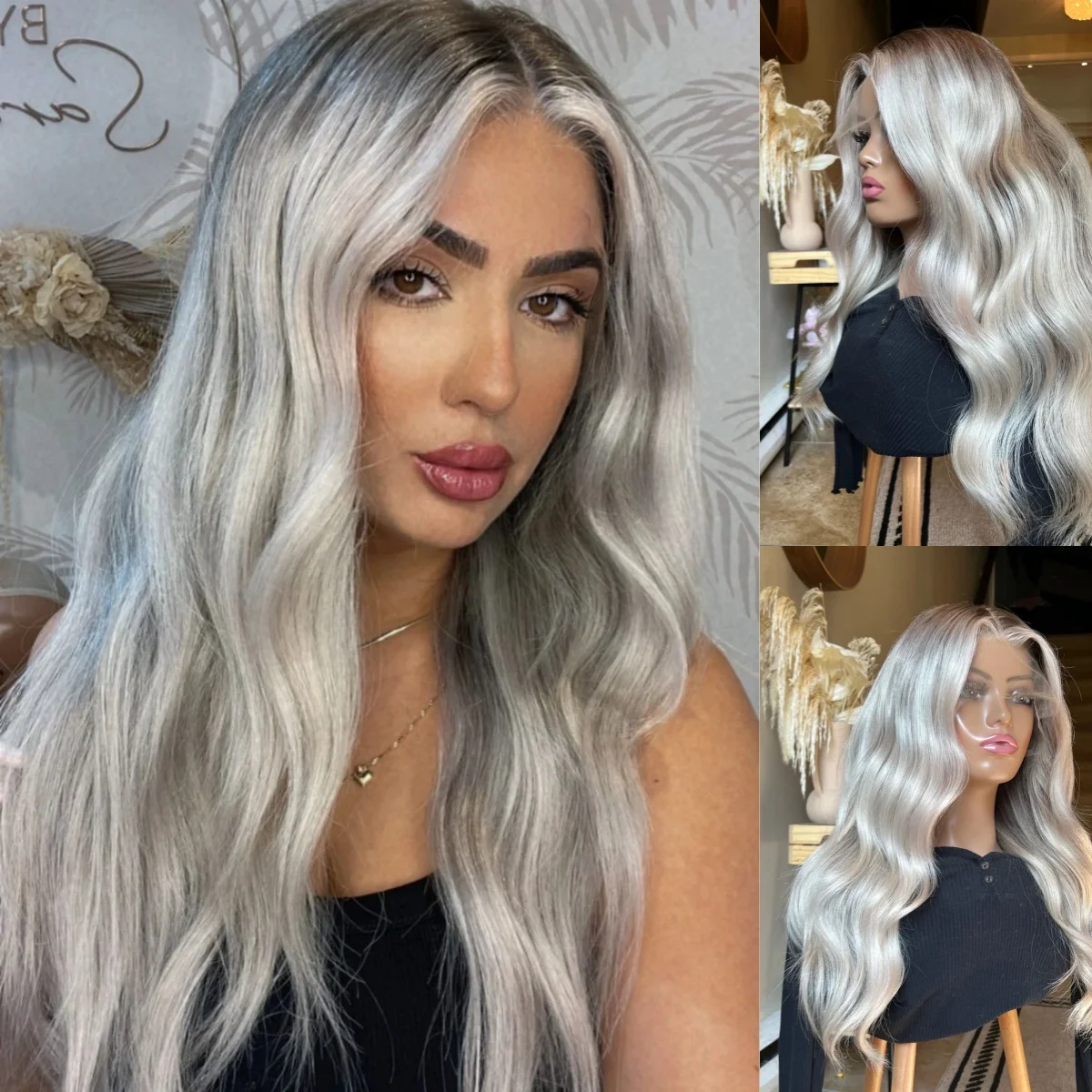 Wig Tanpa Lem Ombre Ash Platinum Blonde Highlights Untuk Wanita, Futura Brunette Fibre Deep Wave Bouncy Original Factory Wig Murah