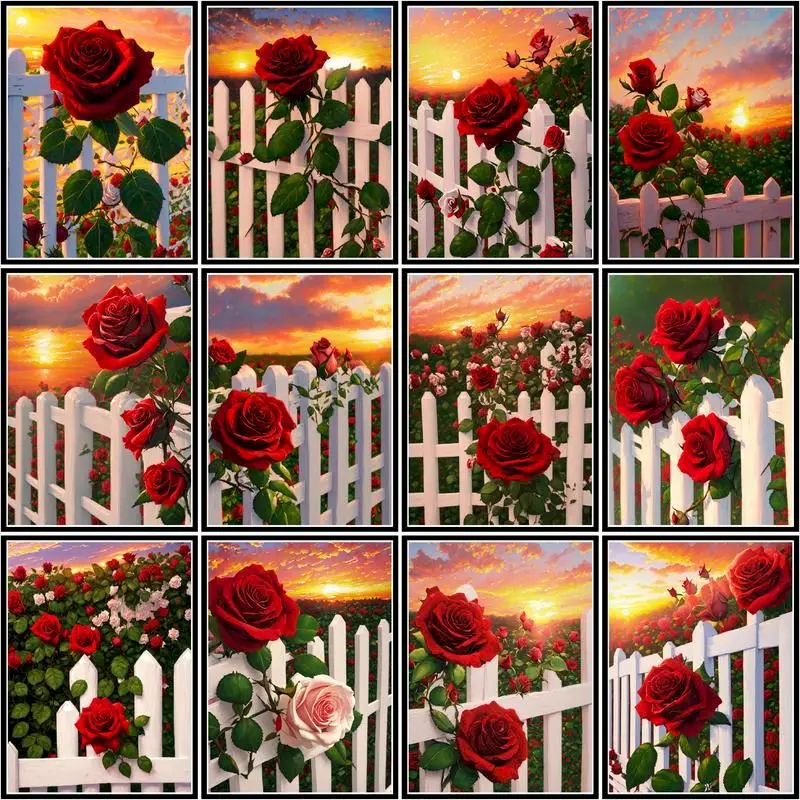 

GATYZTORY Diy Pictures By Number Red Roses On The Fence Kits Hand Painted Art Painting By Numbers Drawing On Canvas Home Decor