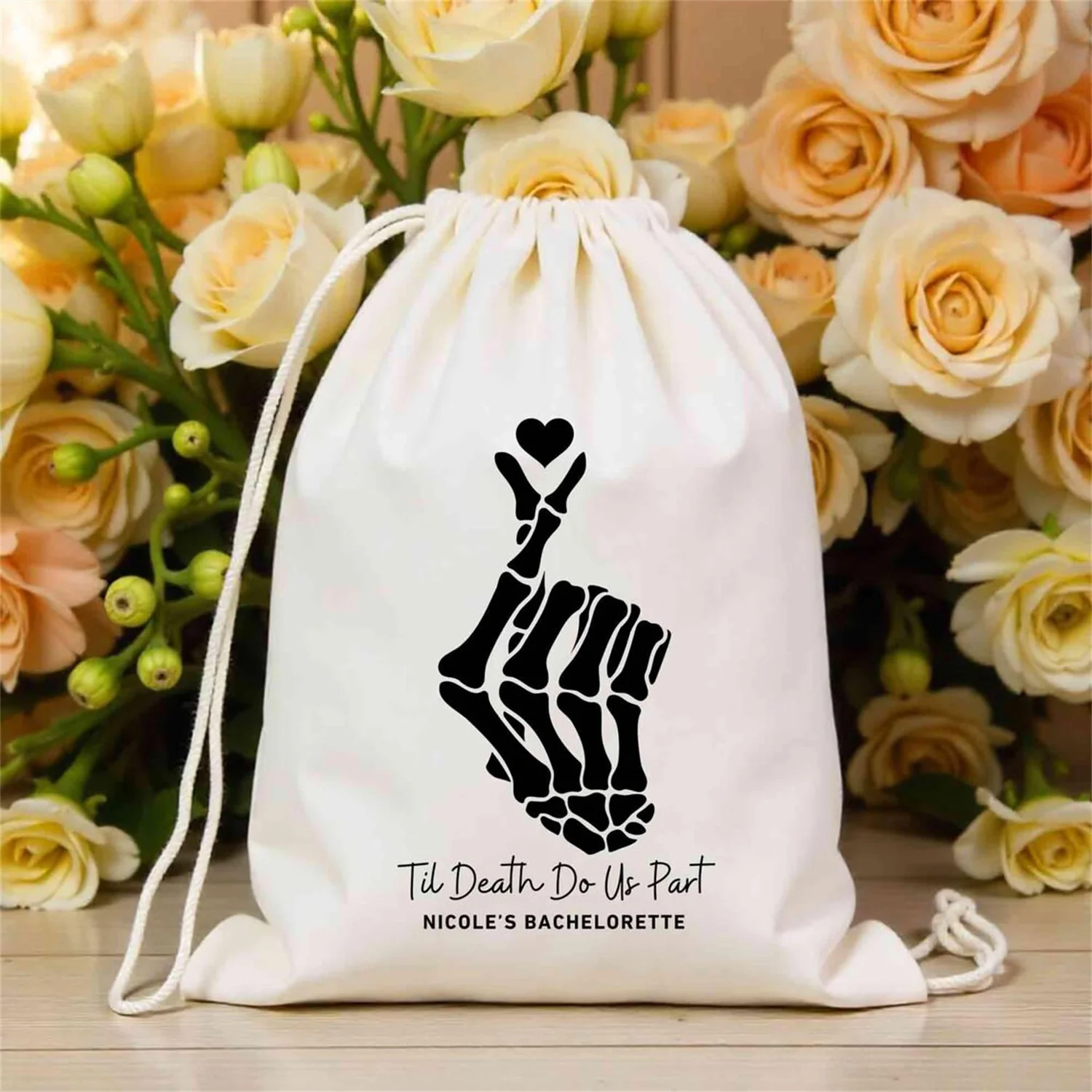 25 PCS Personalized Skeleton Hands Till Death Hearts Bag - Wedding Long Live Quotes Favor Bags - Custom Name Bach Bags - Weekend