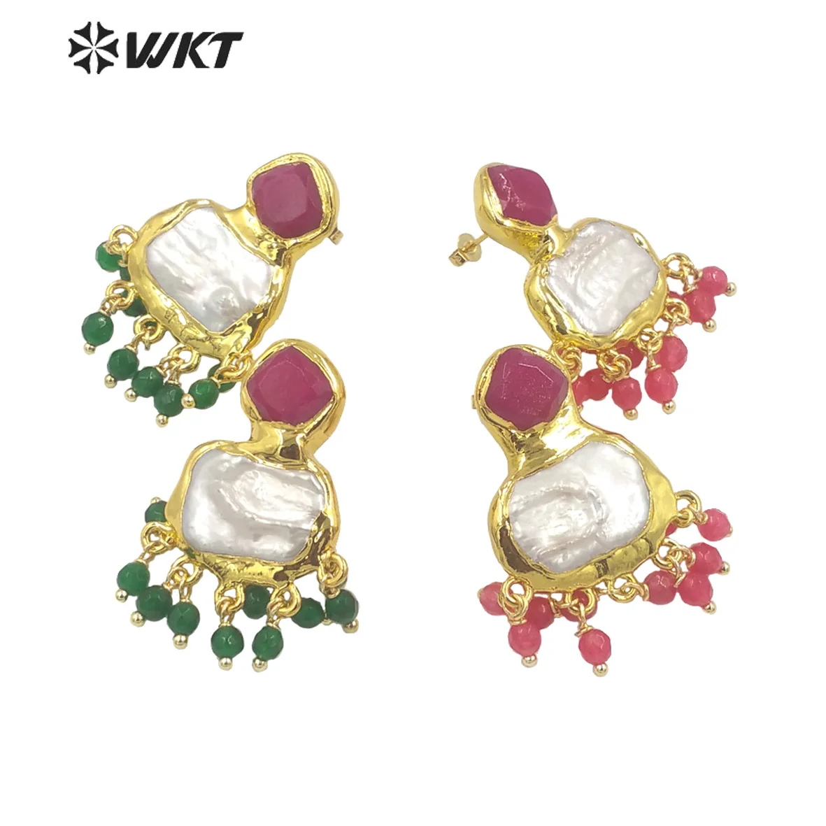 Imagem -04 - Brincos Coloridos de Jade e Pérolas para Mulheres Banhado a Ouro 18k Minúsculos Grânulos Clássicos Bonitos Festa de Aniversário Decorativos Wt-mpe118