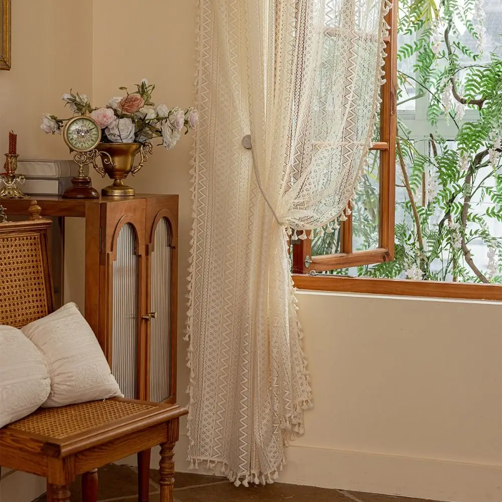 Pastoral Style 140m Lace Window Screening Boho Style Hollow Lace Tassels Curtain Voile Tulle Curtains Home Decor