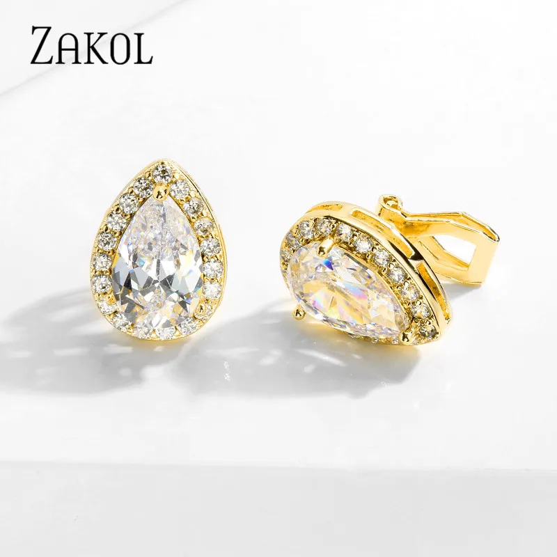 ZAKOL Fashion Water Drop Zircon Clip Earrings Without Piercing Puncture for Women Classic Bridal Wedding Jewelry Dropshipping