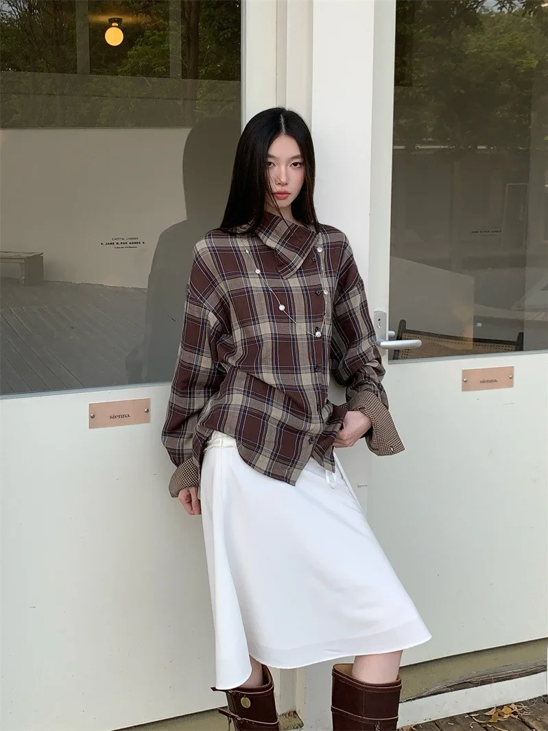 

Maitai Plaid irt Women's Early Autumn Pile Collar Loose Unique Beautiful Retro Design Sense Top Hanfu Sle Long Sve