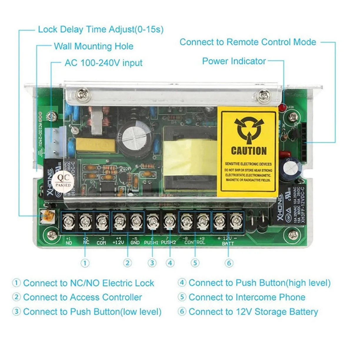 Access Control Power Supply 12V 5A 110-240V AC Input Adjustable 0-15s Delay Timer for Door Access System