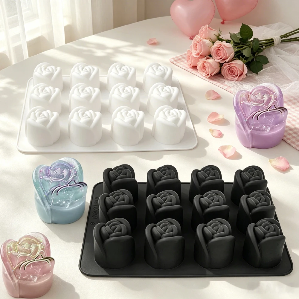 Silicone Chocolate Mould 12 or 15-Cell Rose Bud Design Valentine's Day Candy Mold Food Grade Mousse Cake Mold Dessert Tools