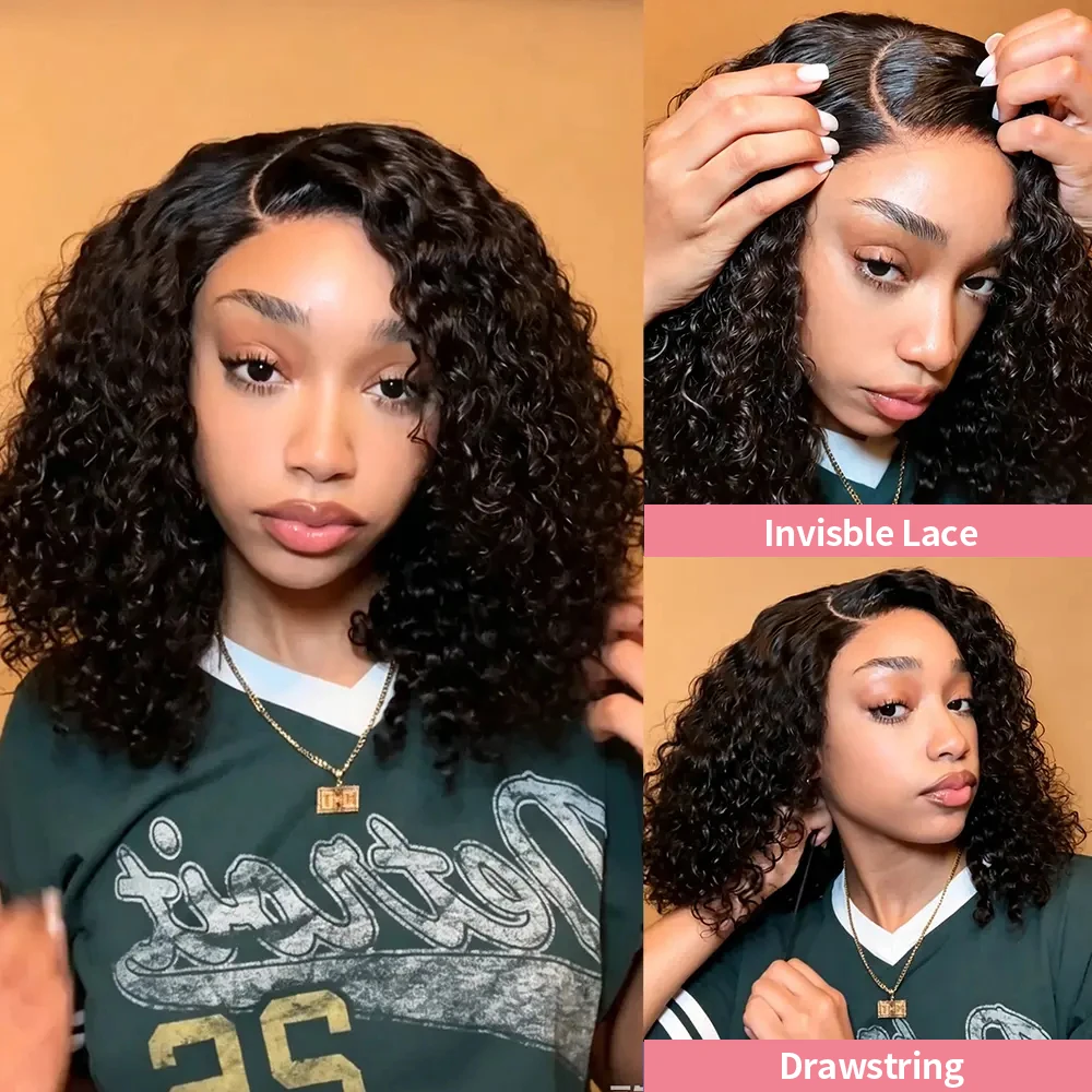 Deep Curly Bob Wig Human Hair Deep Wave Lace Front Wigs Human Hair Pre Plucked 4x4 Lace Closure Wigs Human Hair 250% Density Black Color 10-16 Inch For Black Women image 2