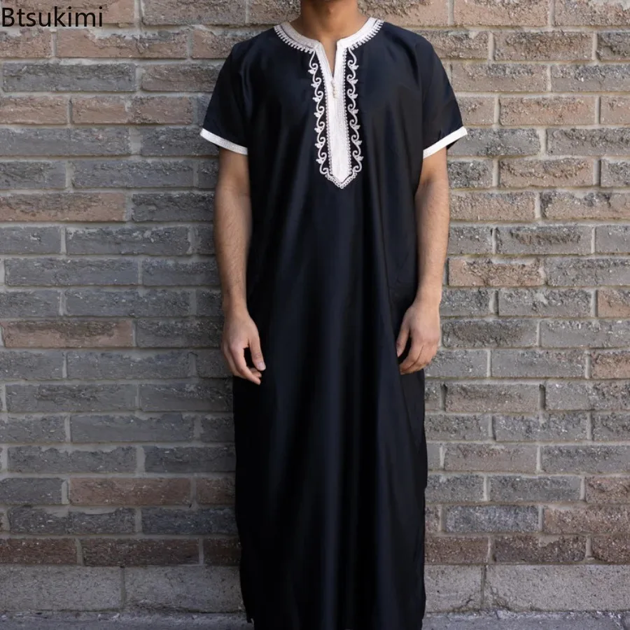 Bordado Abaya Kaftan masculino, roupa muçulmana Jubba Thobe, kaftan marroquino, árabe saudita, roupa islâmica, casual solta, longa, novo, 2024