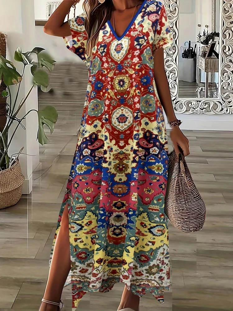 

Vintage National Style Printed Women's Long Dress Street Fashion Women's Dress Summer Daily Casual Women's Short-sleeved Dress