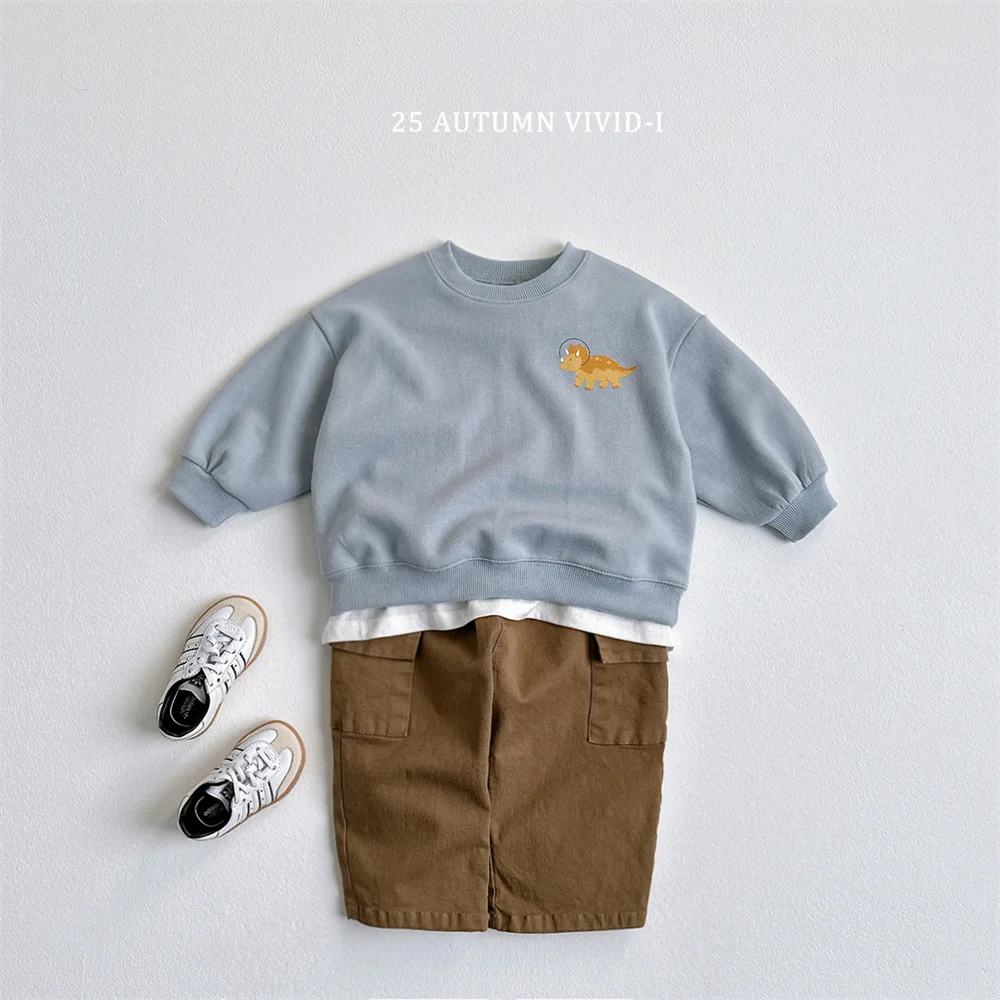 

2-7Y Children Cartoon 2025 New Kids Boys Cotton Sweatshirt Dinosaur Space Rocket Printed Casual Autumn Winter Warm Pullover Top