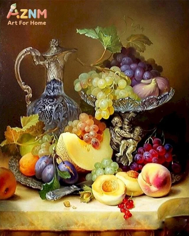 AZNM Vintage Fruit Flower Canvas Wall Art, Classic Wine Floral Still‑Life Oil Painting Print, Dining Room Kitchen Home Decor, Un