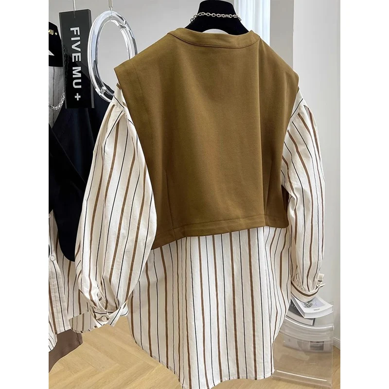 Spring Autumn New Fake Two Pieces Shirt Women V-neck Long Sleeve Fashion Button Patchwork Cardigan Striped All-match Y2K Tops