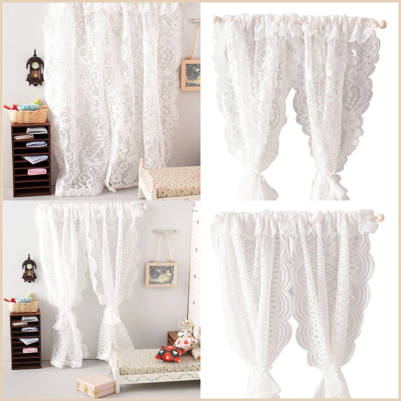 

1/12 Scale Lace Curtain Miniature Dollhouse Bedroom Furniture Decor Toy Dolls House Accessories for Micro Scene Photo Props