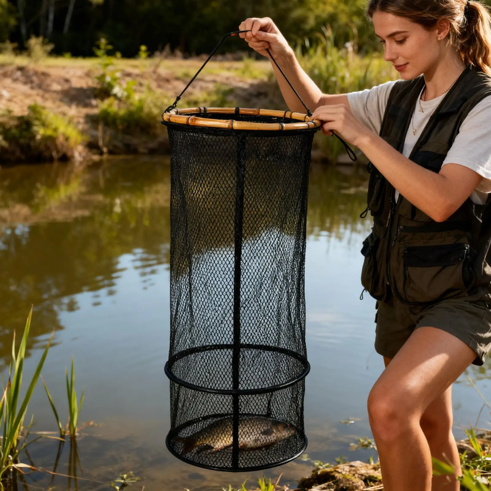 

new Foldable Fish Basket, Lightweight Nylon Mesh Keepnet For Kayak Fishing, Holds Catfish Trout Bass In Freshwater & Saltwater
