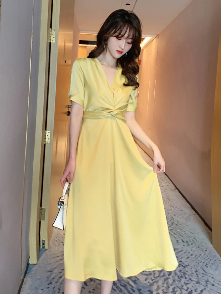 新着ファッションパーティードレス女性エレガントな夏の V ネックヴィンテージパフスリーブ気質 OL シンプルな固体スリム A ラインドレス