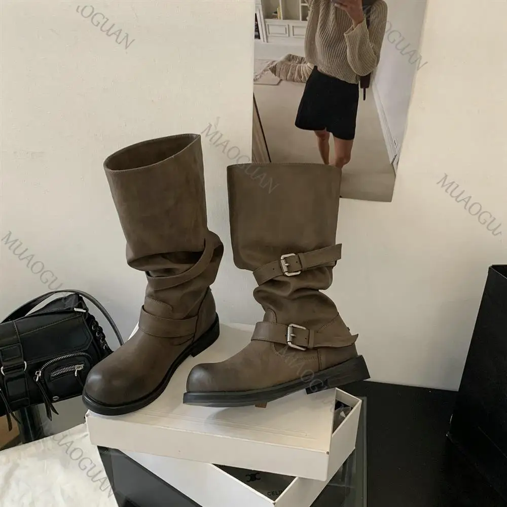 Spring Autumn Chunky Heel Thigh High Knight Boots Belt Buckle Western Shoes for Women Leather Slip on Round Toe Stacked Botas